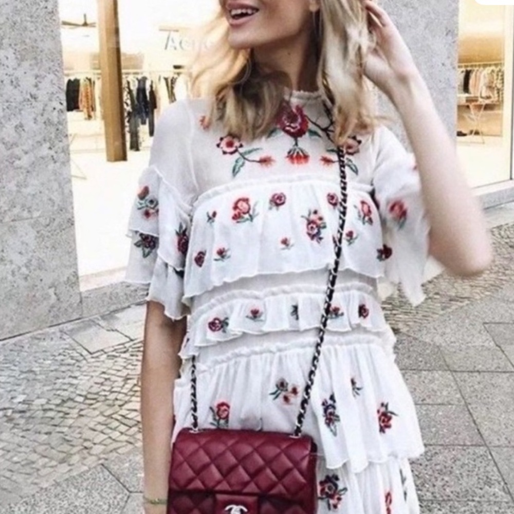 Zara Ivory Floral Whimsy Boho Embroidered Chiffon Tiered Lined Mini Dress Med - Picture 3 of 16